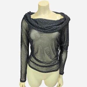 Women's Black Sheer Mesh Long Sleeve Top White Polka Dot Off-Shoulder Size L NWT